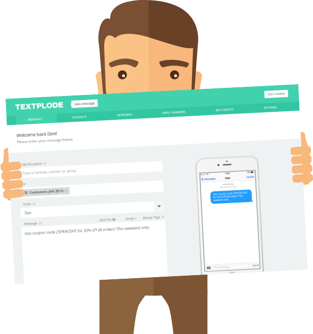Man holding screenshot of Textplode